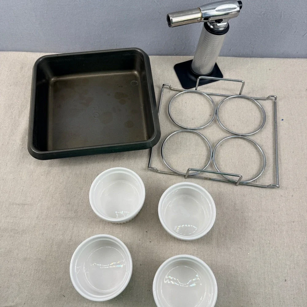 Chicago Metallic Creme Brulee Set 4 Ramekins 8x8 Pan Rack‎ Kitchen Torch